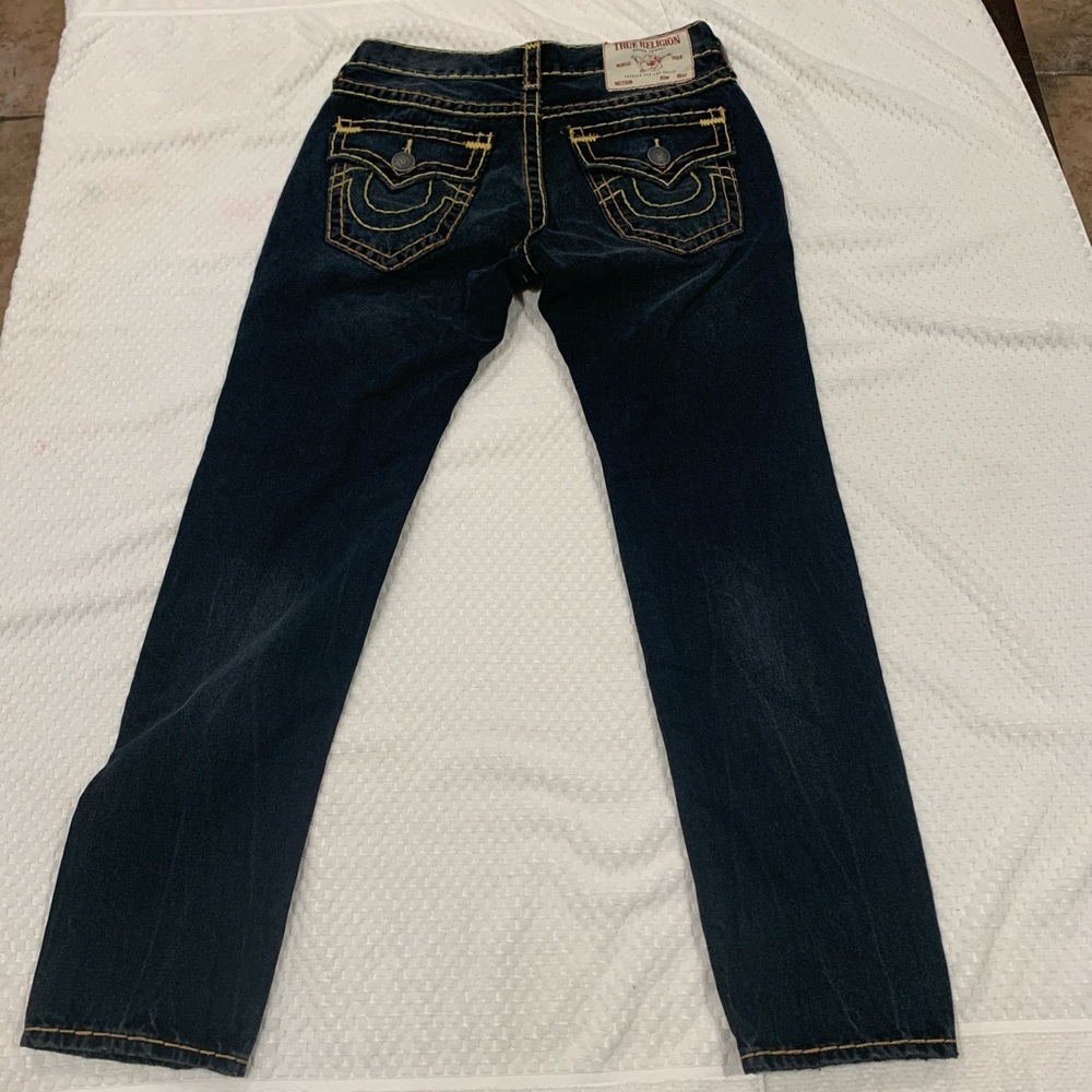 True Religion Women's Dark Blue Skinny Jeans with Yellow Contrast Stitching